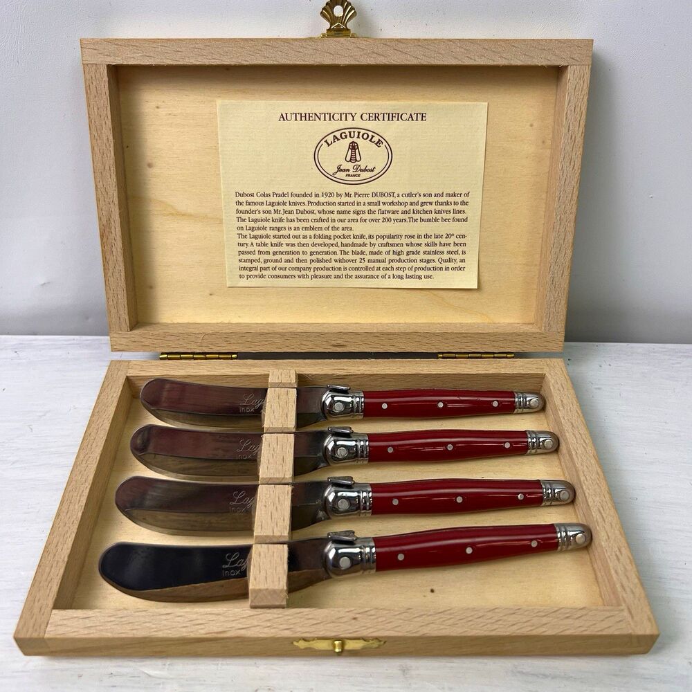 Laguiole Jean Dubost 4-Piece Cheese Knife Set Red Handles w/ Wooden Box COA